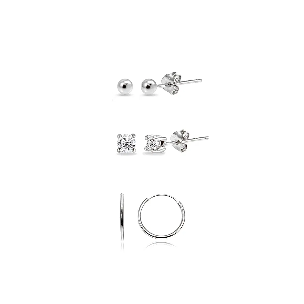 3 Pr 925 Silber Unisex 10mm Endlosen Schleifen, rund 2mm CZ & Perlen Stud Ohrringe Set