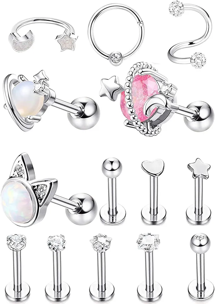 14pcs Knorpel Ohrring Hoop Stud für Frauen Mädchen Lippen Piercing CZ Tiny Stud Daith Ohrringe Conch Tragus Barbell Ohr Flat Back Ohrring Helix Piercing Schmuck