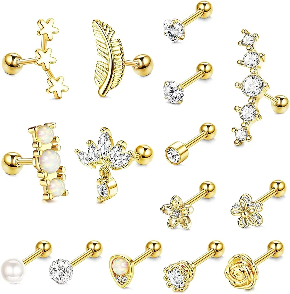15 Stück 16G Edelstahl Stud Ohrringe Cubic Zirkonia Cartildge Ohrringe Stud für Frauen Helix Ohrringe Muscheln Ohrringe Blumen Tragus Ball Ohrring Piercing Schmuck