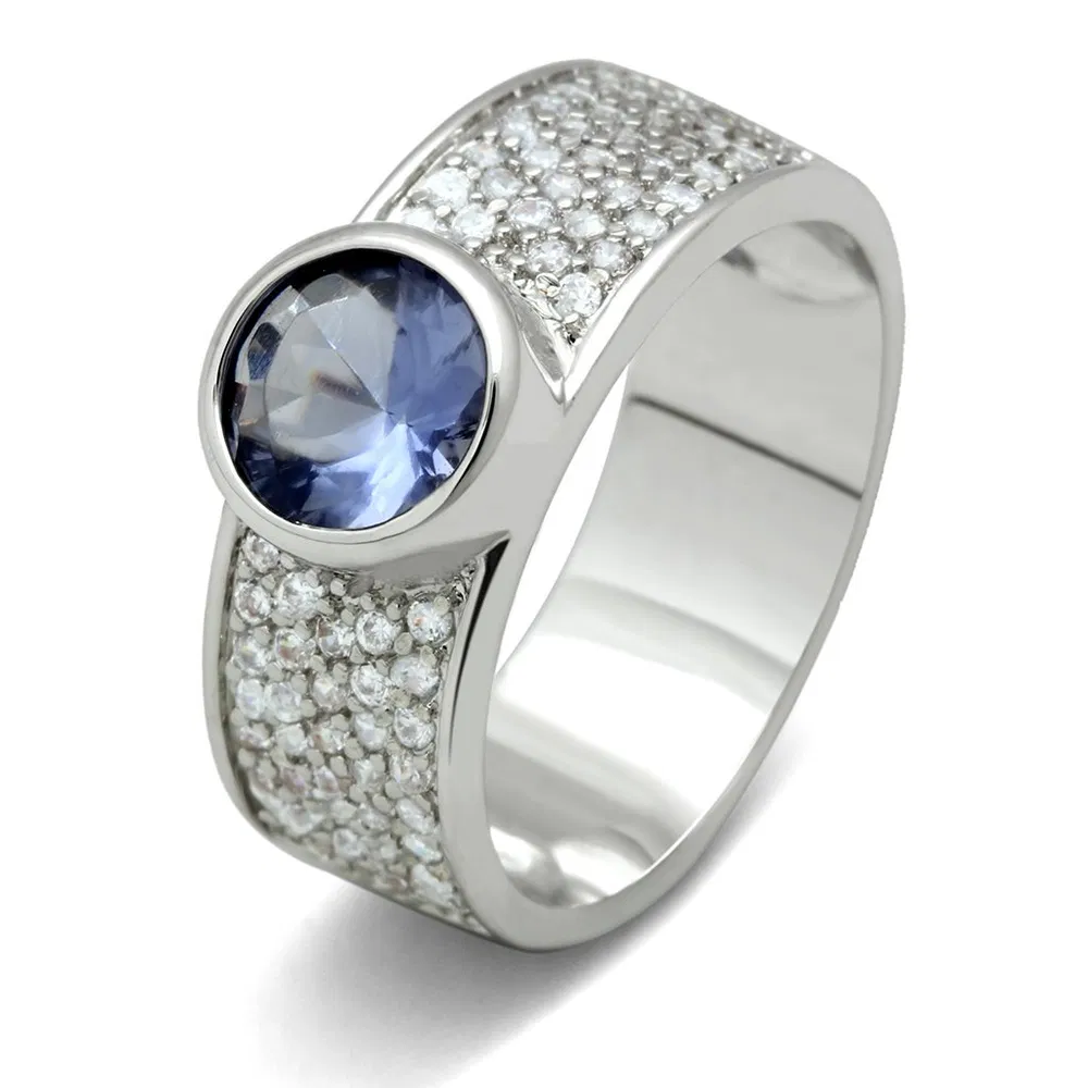3W146 - Rhodium-Messing - Ring mit synthetischem Glas in leichtem Saphir