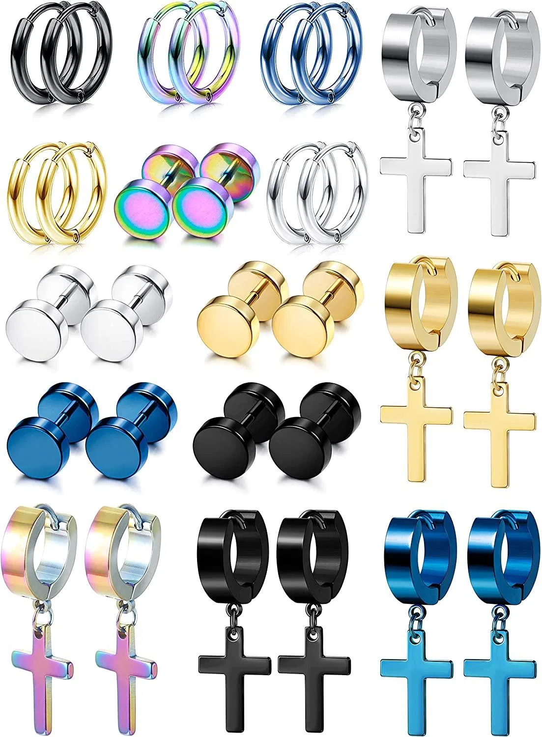 15 Paare Stud Ohrringe Hoop Ohrringe Set für Männer Edelstahl Huggie Unisex Ohrschmuck Hypoallergen