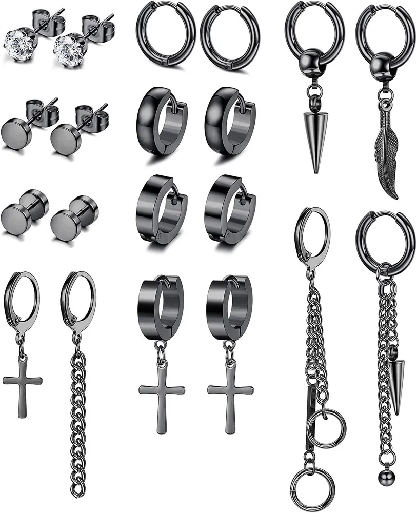 10 Paare Edelstahl Dangle Ohrringe für Männer Frauen Cool CZ Stud Hingeed Hoop Cross Feather Chain Drop Ohrring Set