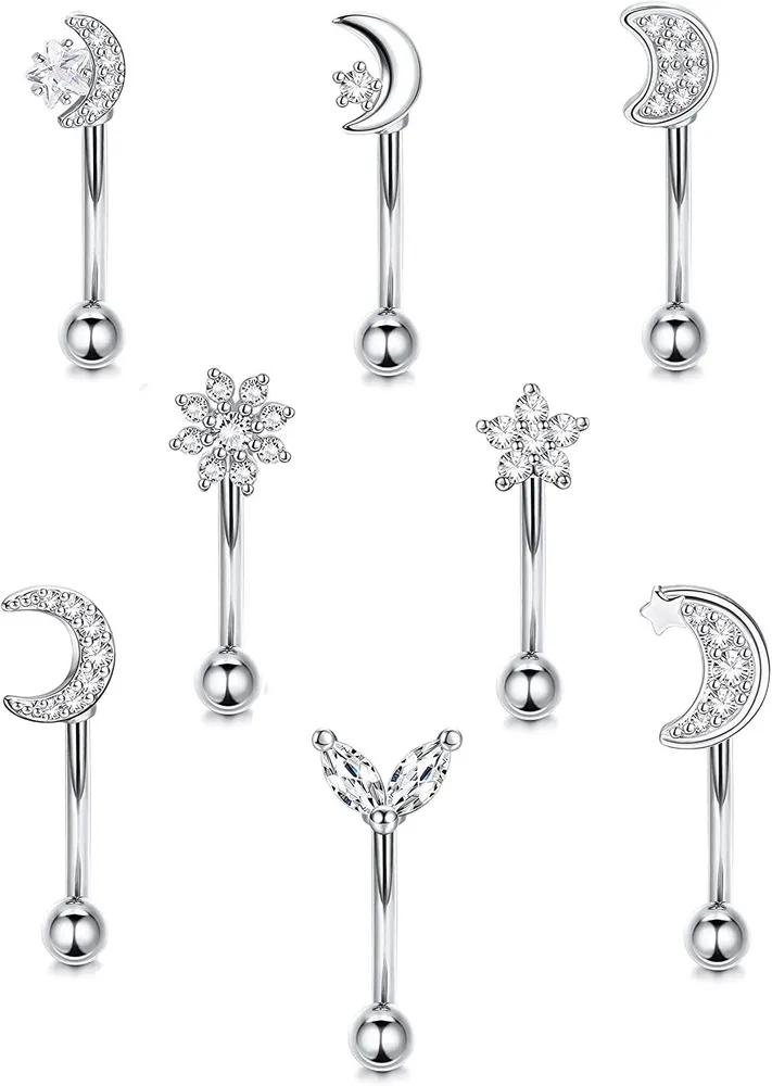 8pcs 16G Bauchknopfringe für Frauen Rook Daith Ohrringe 316L Chirurgische Edelstahl Augenbrauenringe Bauch Lippenring CZ Vorwärts Helix Körper Piercing Kurven Barbell Augenbrauenringe 8mm