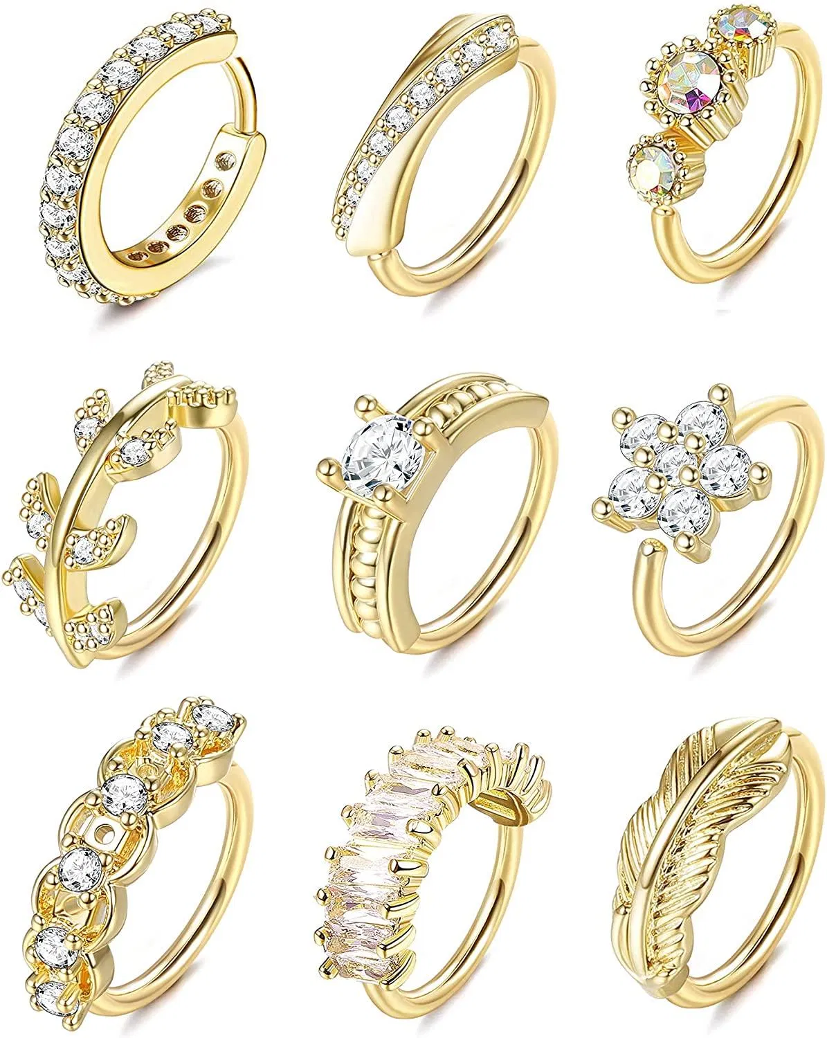 9pcs 20G Nasenringe Schreifen für Frauen Chirurgischer Stahl gepflastert CZ Knorpel Helix Tragus Hoop Daith Ohrringe Körper Piercing Schmuck für Nasen Ohr