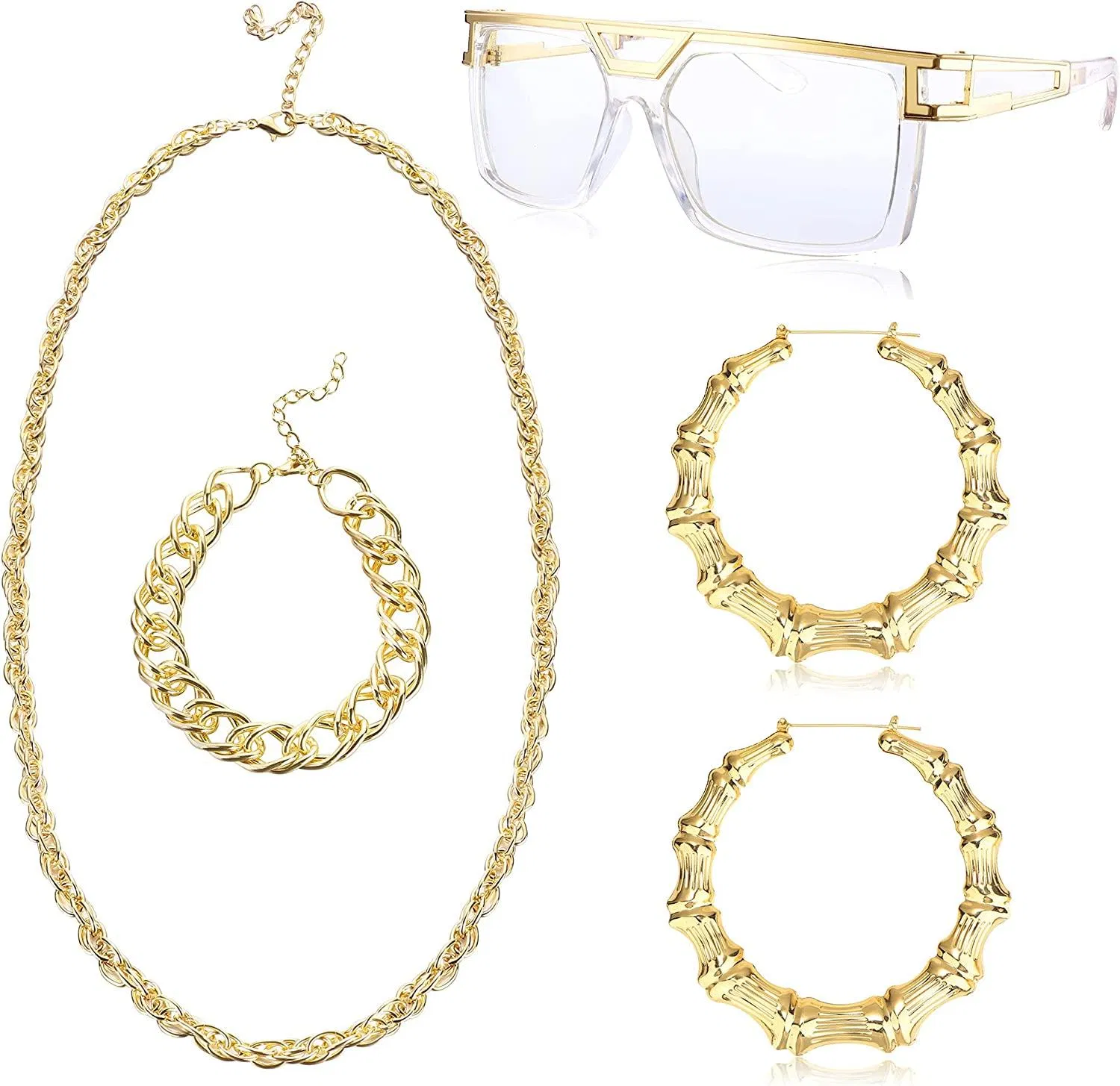 80er / 90er Hip Pop Kostüm Kit für Frauen Männer Old School Rapper DJ Hip Pop Sonnenbrille Bambus Hoop Ohrringe Punk Hip Hop Rapper Kostüm Theme Party Outfits