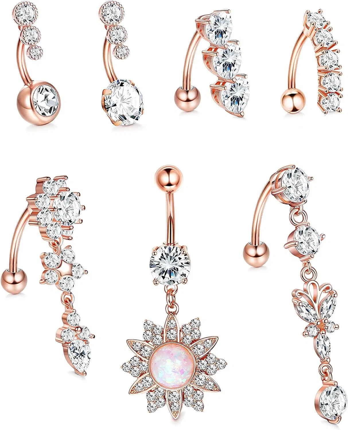 7 Stück Dangle Bauchknopfringe für Frauen Chirurgisch Clear CZ Barbell Bauchringe Piercing Rückwärts gekrümmter Nabelring Körper 14G