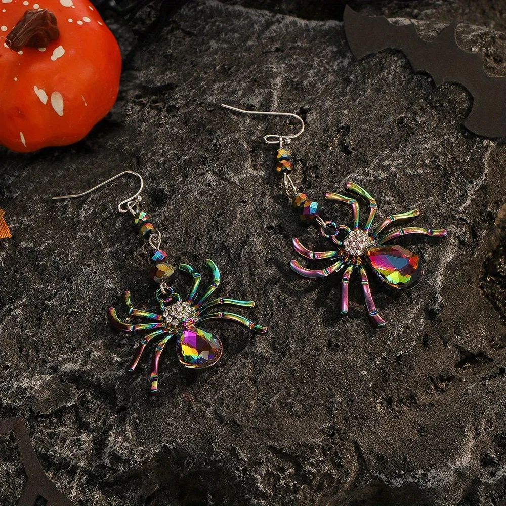 Halloween bunte Rhinestone Spider Design Dangle Ohrringe süße Berufsstil Zinklegierung Schmuck weibliches Geschenk
