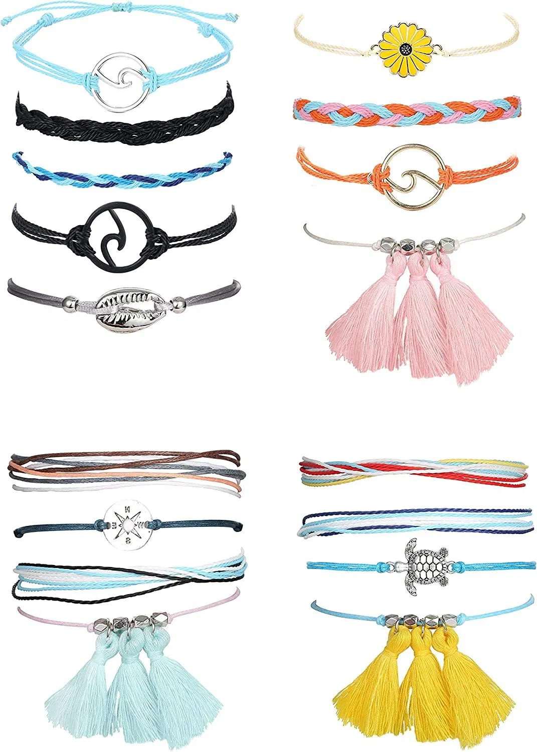 4 Set Vsco Armbänder für Frauen Teen Girls Wave Shell Schildkröte Blumenkette Handgefertigte Boho süße Trendy Armbänder Ankleine Set Adjustable