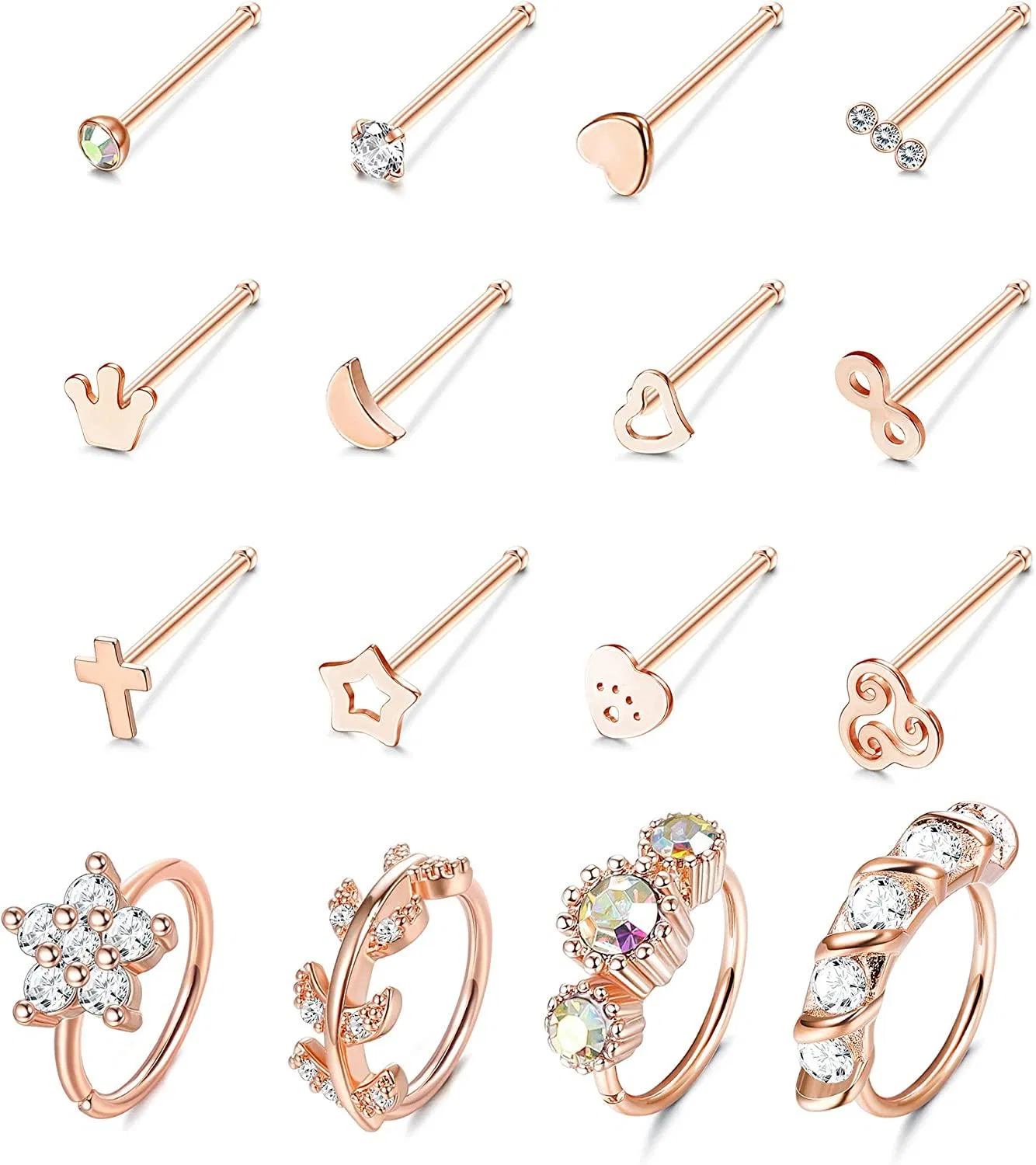 16Pcs 20G Edelstahl Nasen Ringe Schleife für Frauen Männer Knochen Nasen Ringe Studs gepflastert CZ Blumenblatt Herz Mond Nasen Piercing Set