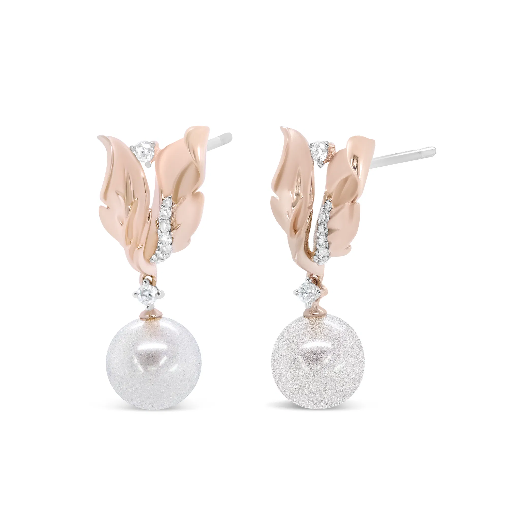 14 Karat Rose Gold 1 / 6 Cttw Round Diamond und 8mm Round Pearl Floral Drop Stud Ohrringe (H-I Farbe, I1 - I2 Klarheit)