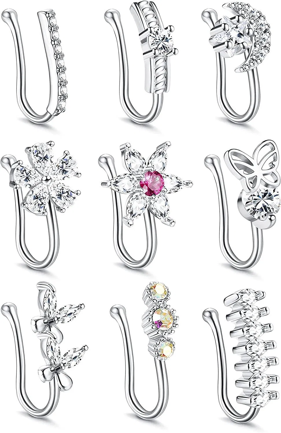 9Pcs Nasenmanschette Falsche Nasenring Clip auf Nasenring Eingezogen CZ Faux Nasenringe Knorpel Tragus Ring Nasenmanschette Nicht Piercing für Frauen Männer