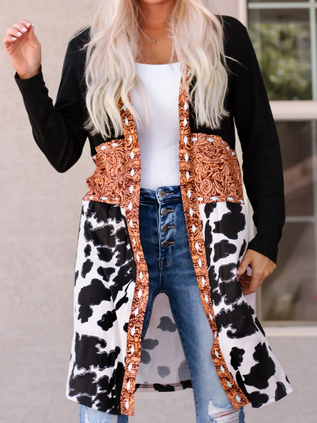 Damen Outwear Loose Cow Pattern Print Patchwork Open Front Jacket