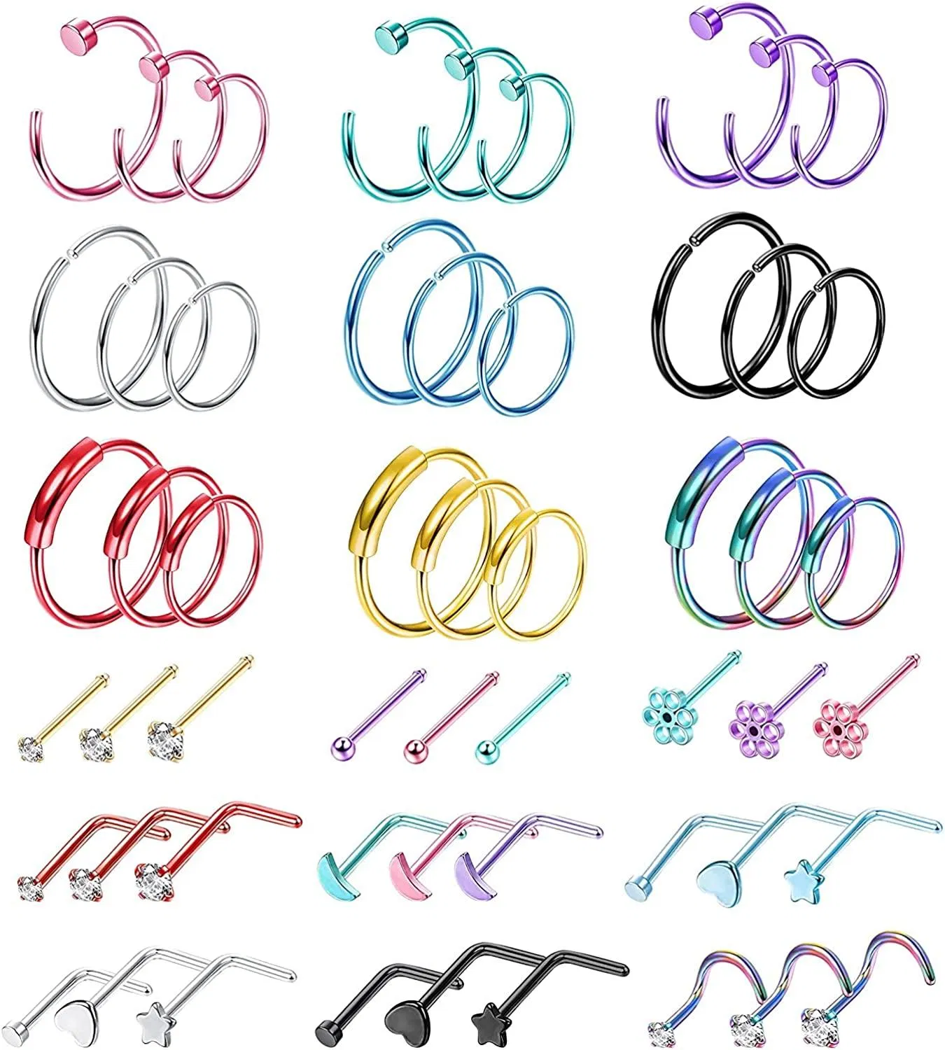 54Pcs 20G Nasenring Schleife für Frauen Männer 316L Edelstahl Mond Blume Herz Nasenringe L-förmige Pin CZ Schraube Nasen Studs Schleife Nasen Piercing Jewelly Set