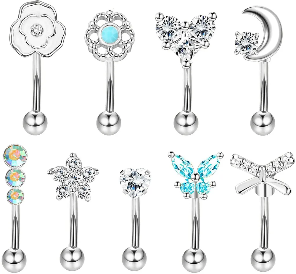 Rook Daith Piercing 16G Chirurgische 6mm 8mm Kurven Barbell Schmetterling Mondherz Blume Augenbrauenringe Helix Tragus Snug Lippen Bauchknopf Piercing Daith Rook Ohrringe für Frauen Männer