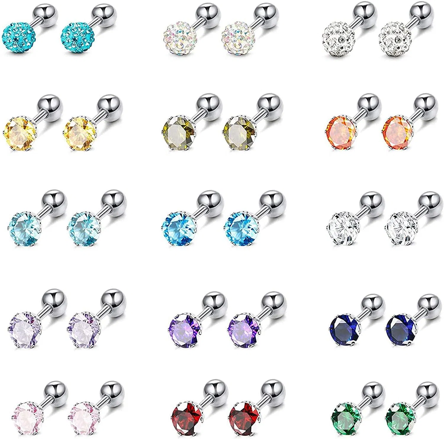 15 Paare Stud Ohrringe für Frauen Mädchen Helix Knorpel Ohrringe Edelstahl Ohrringe CZ Ball Multicolor Glanz Cubic Zirkonia Stud Ohrringe Piercing Ohr-Stows Screwback Ohrringe Set