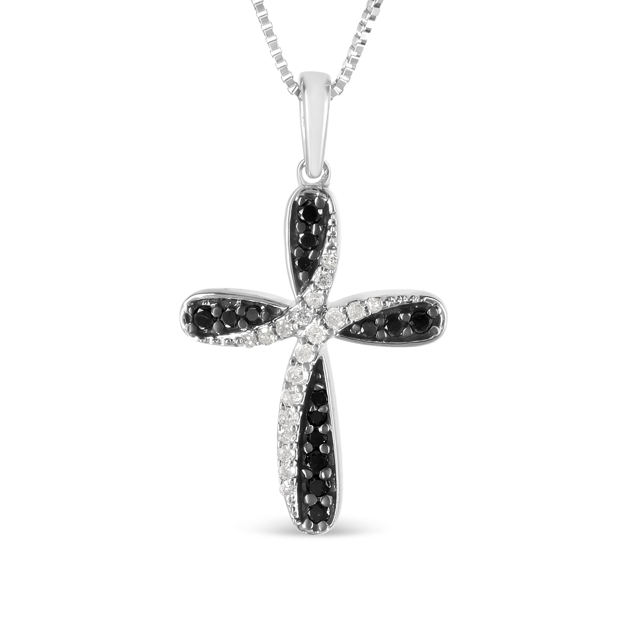 .925 Sterling Silber 1 / 4 Cttw Wechselnd Schwarz und Weiß Diamant Verflechtung Band Web Kreuz 18