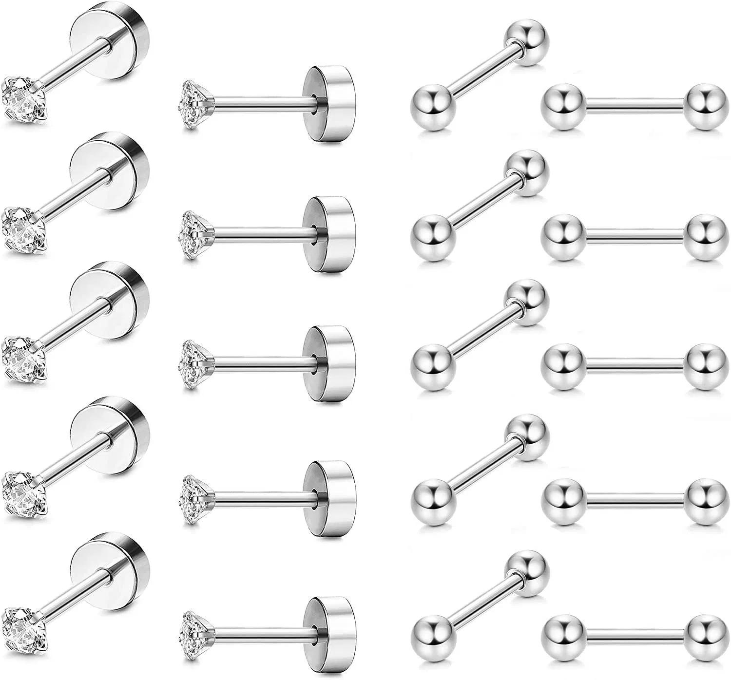 10 Paare 18G Edelstahl Knorpel Stud Ohrringe Round Cubic Zirkonia Flatback Barbell Ohr Piercings für Männer Frauen Schraube Flat Back Helix Knorpel Tragus Comfortable Set