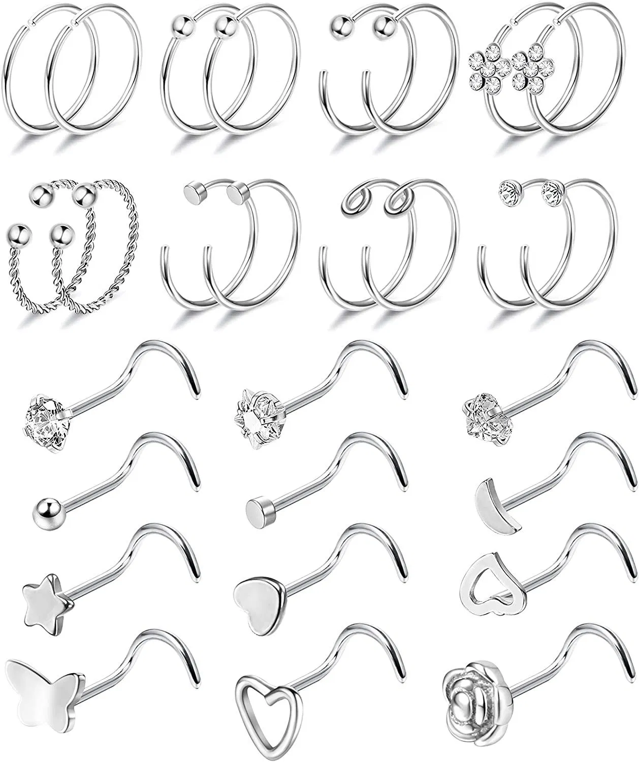 28Pcs 20G Nasenringe Edelstahl L Knochen Schraube geformte Nasen Studs Tragus Knorpel Nasenringe Hoop Labret Nasen Piercings Schmuck