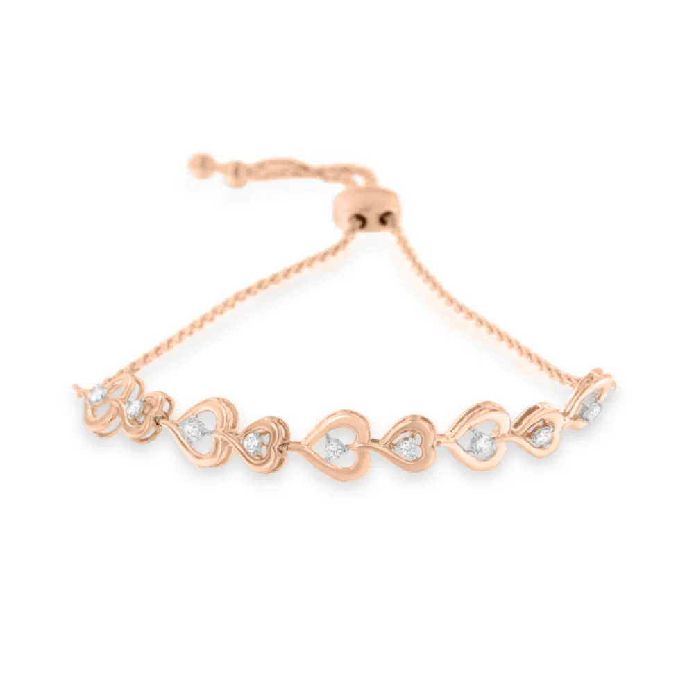 Rose Plated Sterling Silber Diamond Heart-Linked Bolo Armband (0,30 cttw, H-I Farbe, I2 - I3 Klarheit)