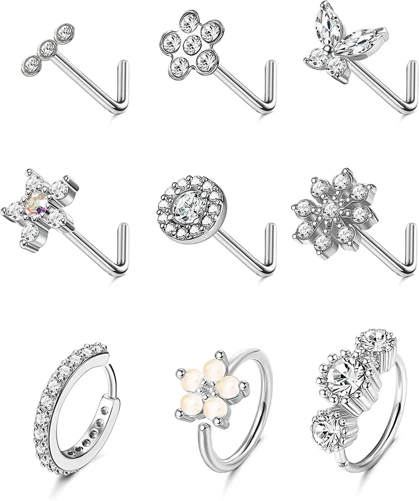 9Pcs 20G Edelstahl L-förmige Nasen-Sticks CZ gesäumt Nasen-Ringe Hoop Triple Linear Juwel Ball Round Flower Butterfly Nasen-Ringe Studs Body Piercing für Frauen Männer