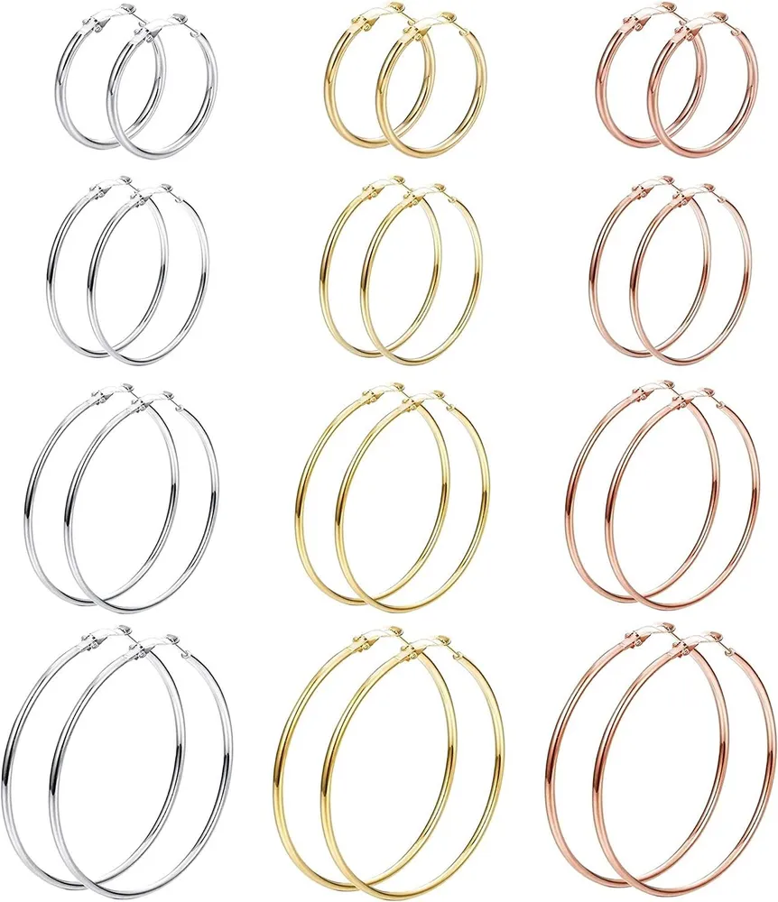 6 Paare Edelgold Silberplatte Hoop Ohrringe für Frauen 30 40 50 60 mm