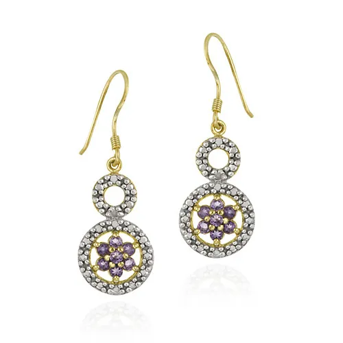 18 Karat Gold über Sterling Silber Amethyst Blume & Diamant Akzent Doppelkreis Ohrringe