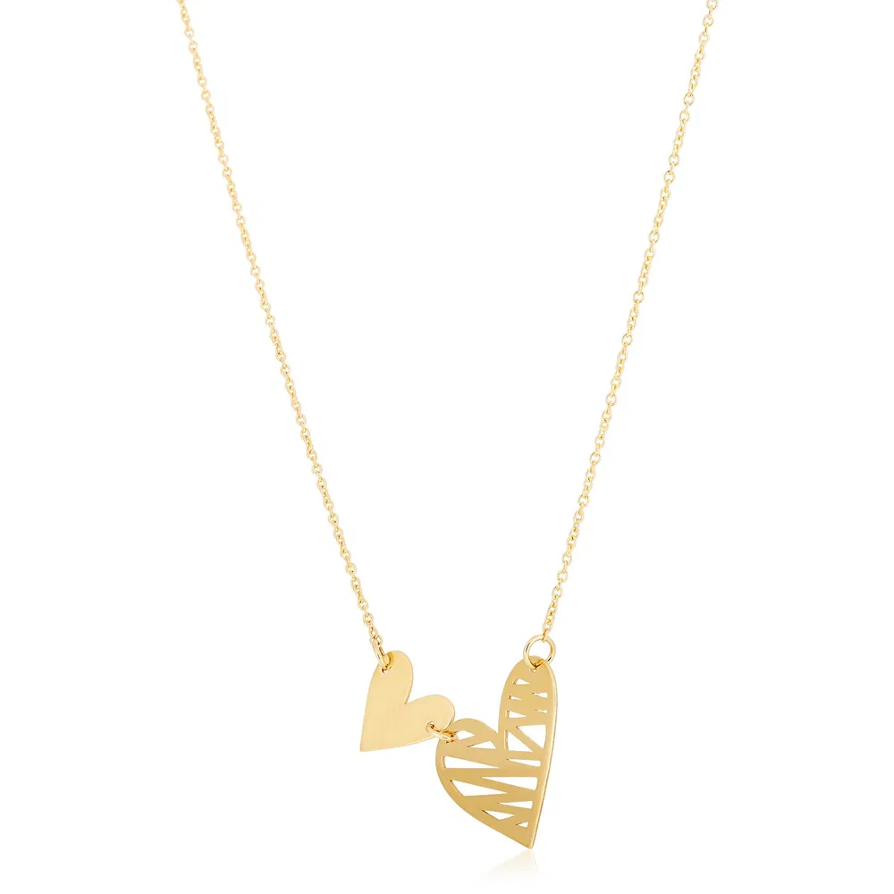 14 Karat Gelbgold High Polish Solid & Scribble Herzen Halskette
