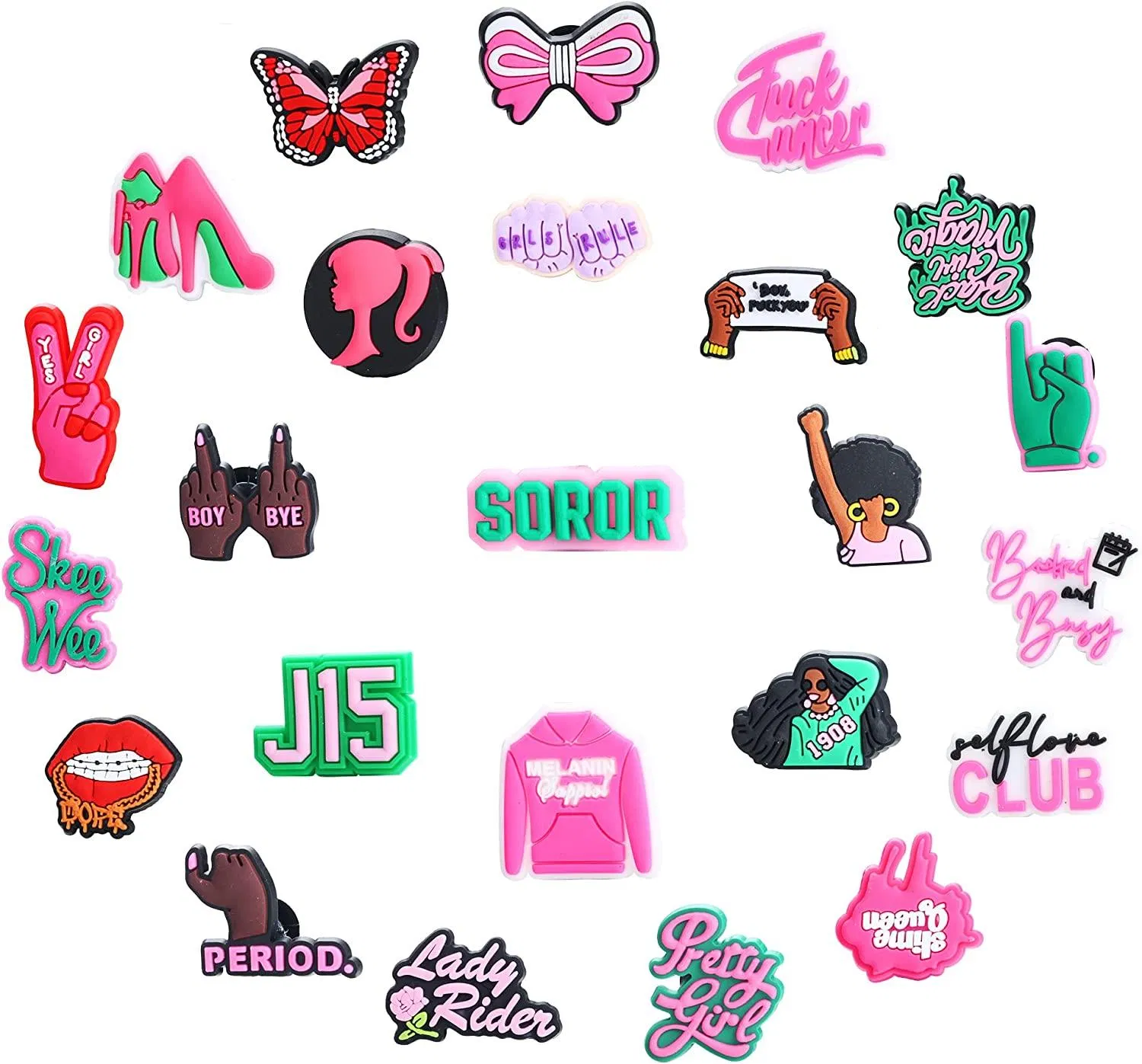 25pcs Mode Schuh Charms Dekoration für Frauen Mädchen Schwarzes Mädchen Magische Schuh Charms Pack für Loch Schuhe Pantoffeln Clog Sandalen Armband Halloween Geburtstag Geschenke