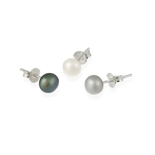 Sterling Silber 3 Pair Multi-Color Frischwasser Perle Weiß, Grau, Pfauen Stud Ohrring Set