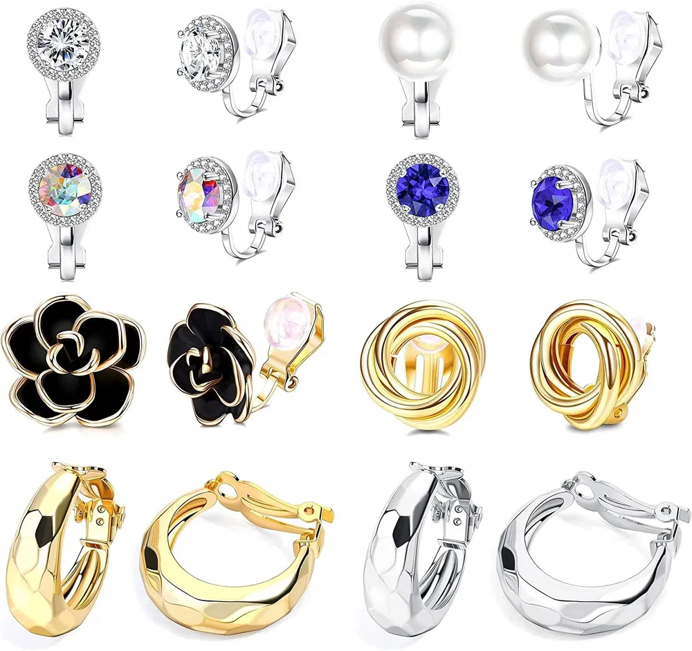 8 Paare Clip Ohrringe Sets für Frauen Kubik Zirkonia Kristall Frischwasser Perle Twist Knoten Blumen Ohrringe Clip On Hoop Ohrringe Nicht durchbohrten Clip auf Ohrringe Schmuck