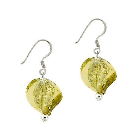Sterling Silber Oliven Grün Twisted Glass Foil Perlen Glitter Dangle Hook Ohrringe