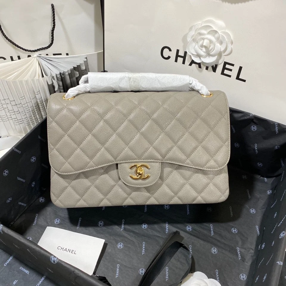 Chanel Large Classic Handbag Gold Hardware Grey For Women, Women’s Handbags, Shoulder Bags 11.8in/30cm