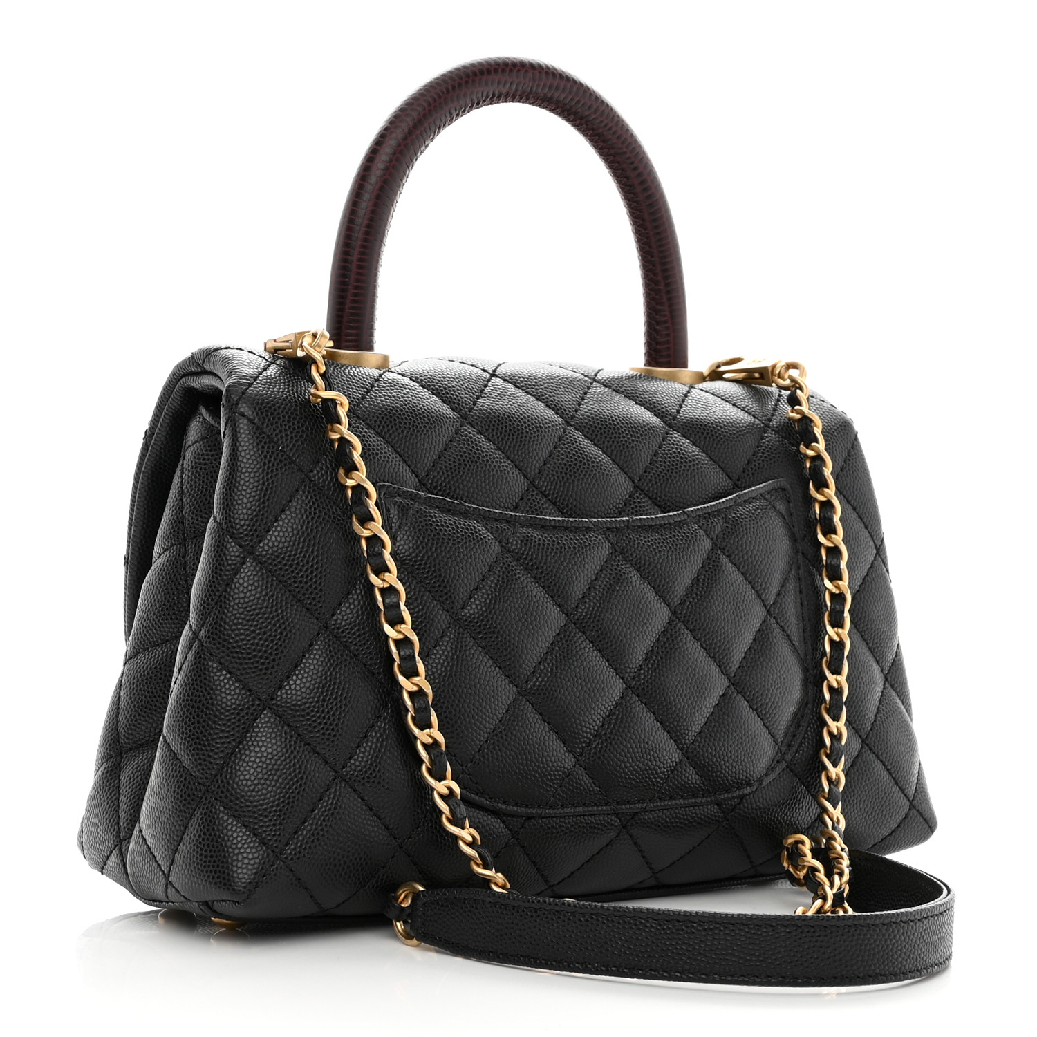 Caviar Lizard Embossed Quilted Mini Coco Handle Flap Black