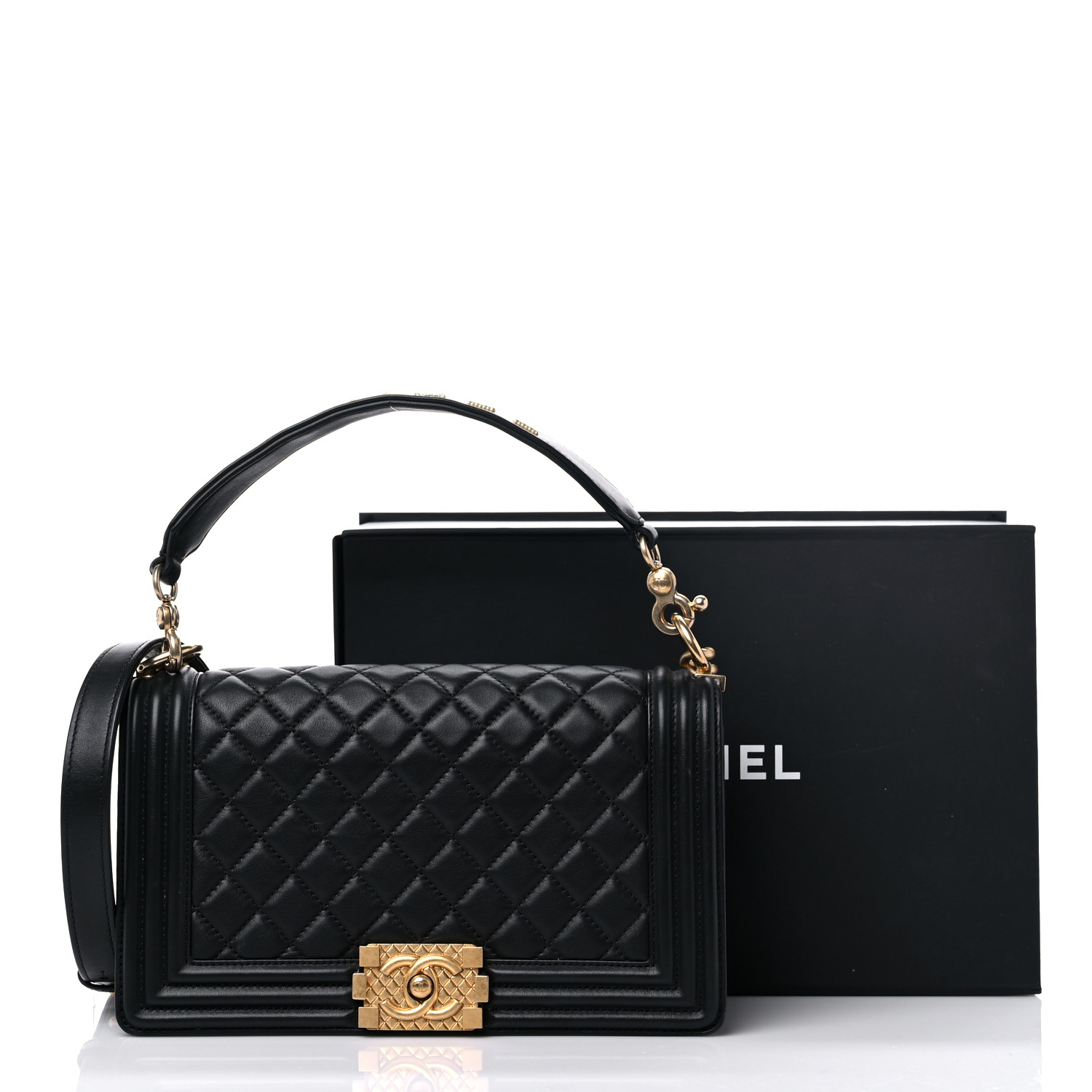 Caviar Medium Boy Logo Top Handle Flap Black