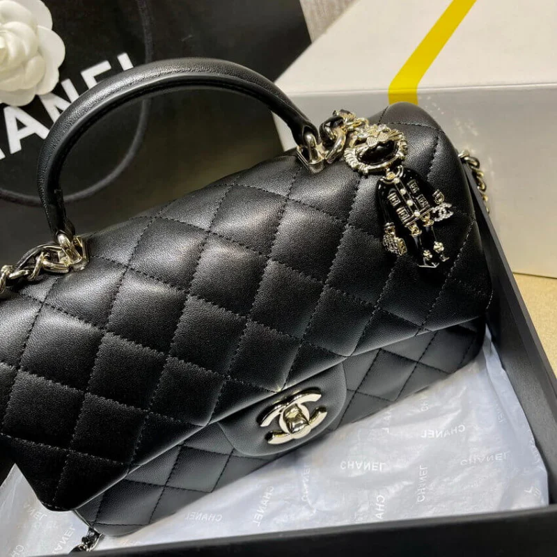 Chanel Lambskin Mini Flap Bag With Top Handle Black As2431 With Charms