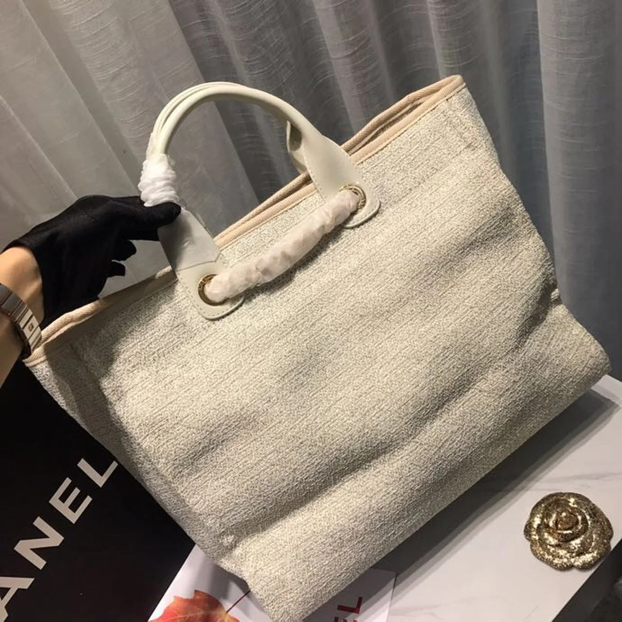 Chanel Deauville Tote Tweed Canvas Bag Fall/Winter Collection, Beige/Cream/Gold/Multi For Women 15in/38cm