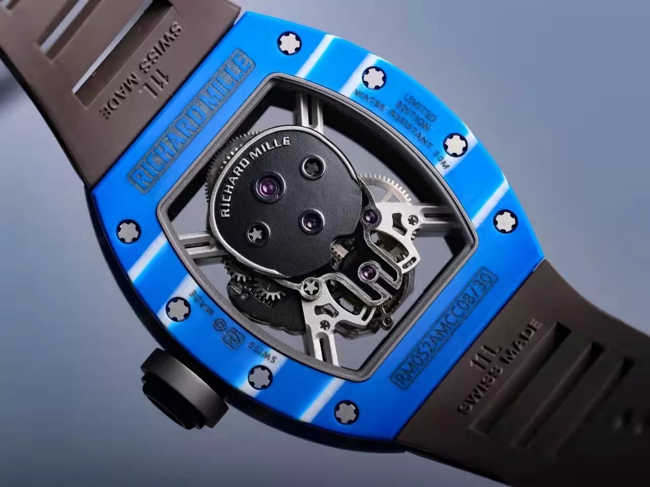 RM 52-01 Skull Black Dial Blue Bezel Black Rubber Strap JB Tourbillon