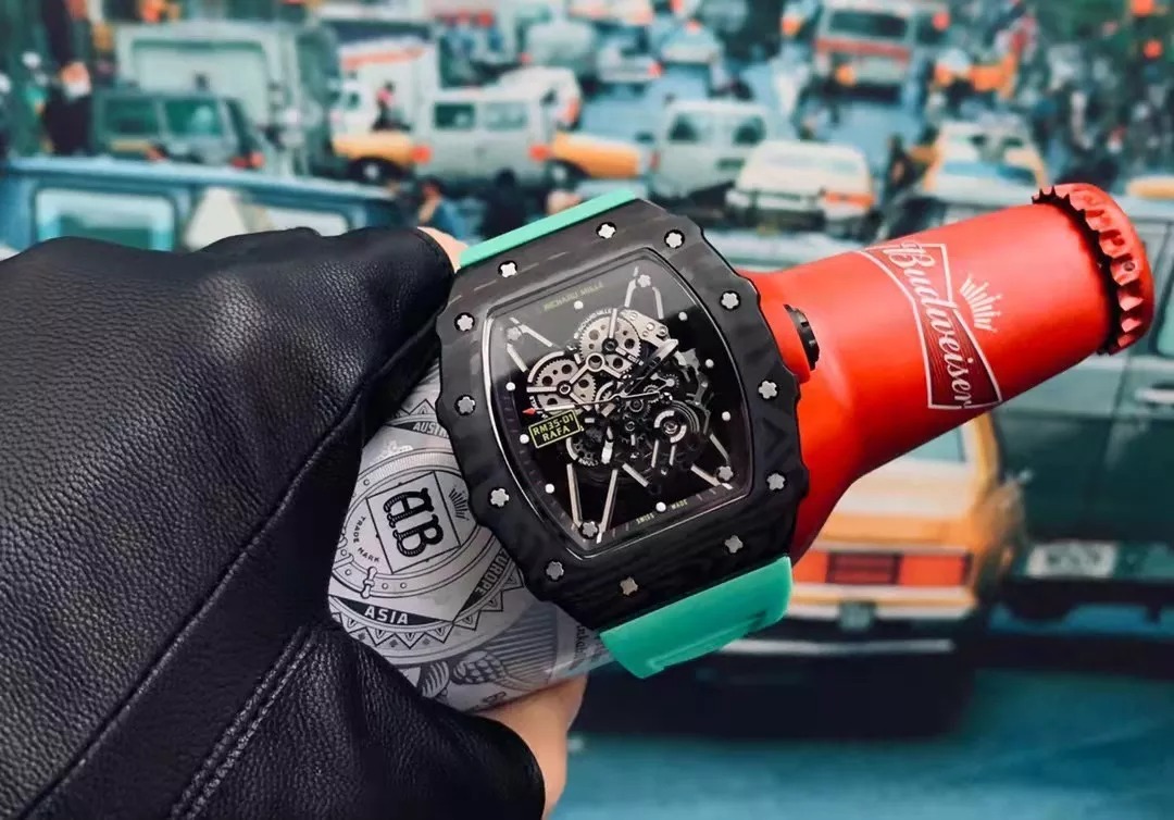 RM 35-01 Black Bezel Red Markers Green Rubber Strap RUML3