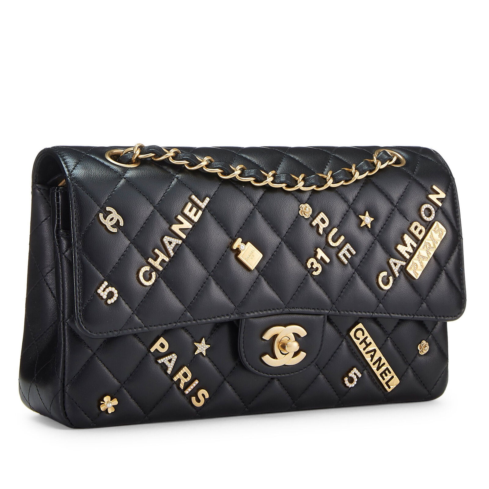 BLACK QUILTED LAMBSKIN LUCKY CHARM CLASSIC DOUBLE FLAP MEDIUM