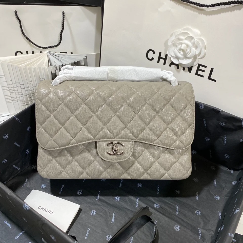 Chanel Large Classic Handbag Silver Hardware Grey For Women, Women’s Handbags, Shoulder Bags 11.8in/30cm