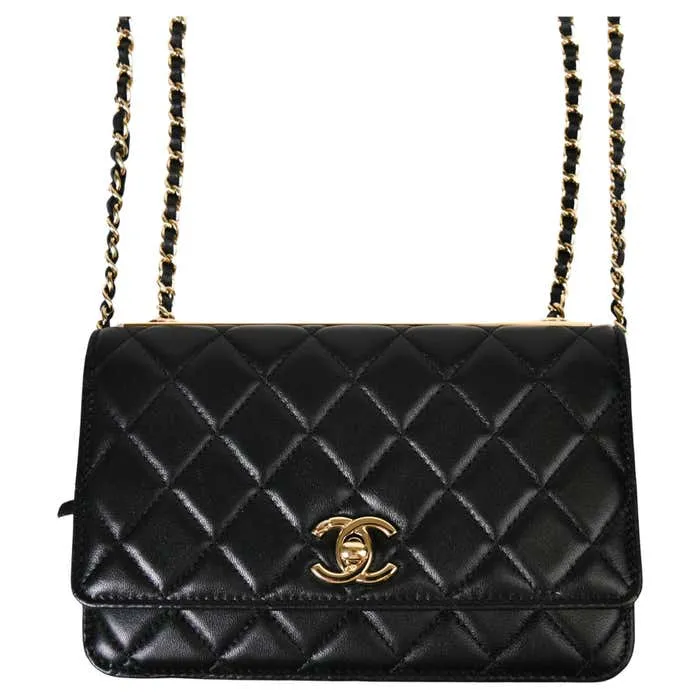 Black Lambskin Quilted Trendy CC Wallet On Chain
