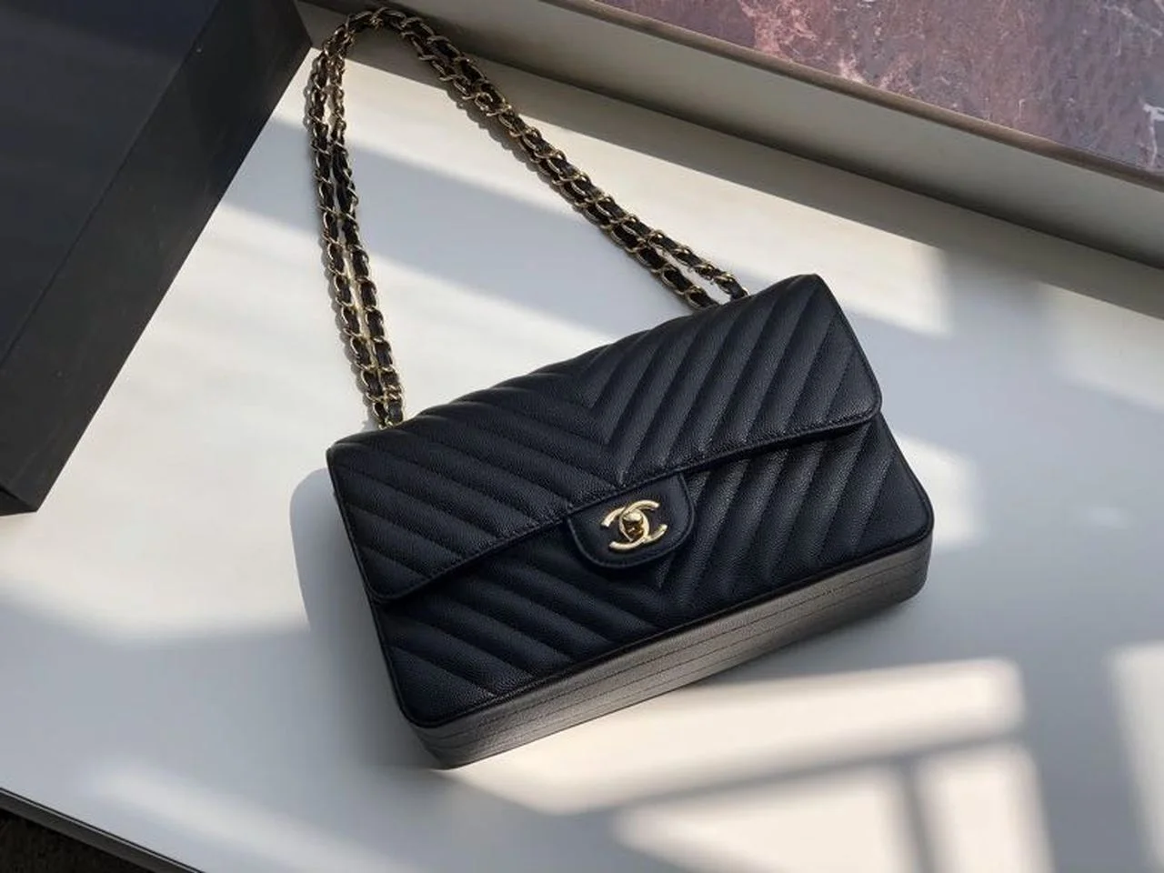 Chanel Chevron Classic Handbag Gold Toned Hardware Black For Women, Womens Bags, Shoulder And Crossbody Bags 10.2in/26cm