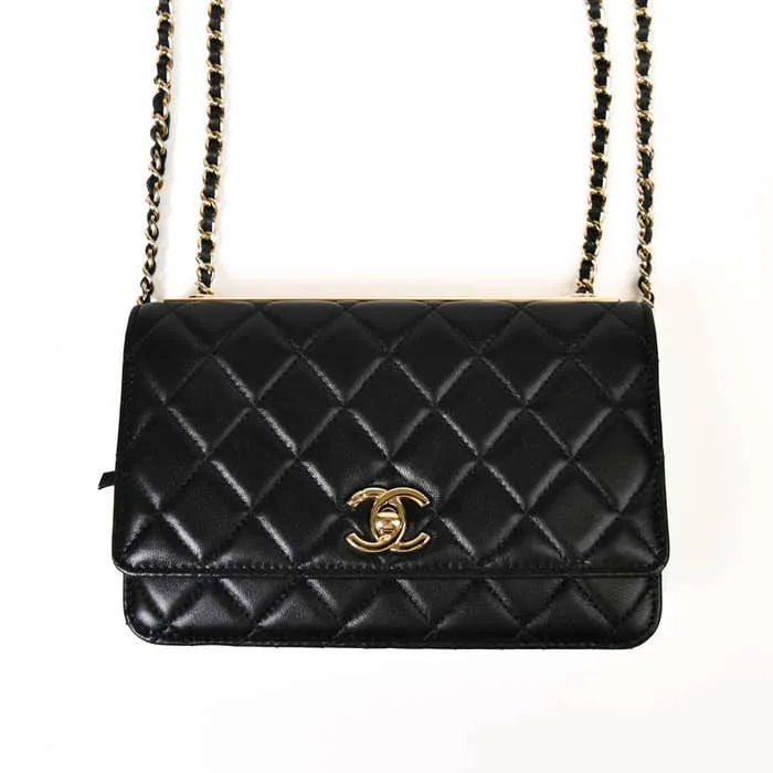 Black Lambskin Quilted Trendy CC Wallet On Chain