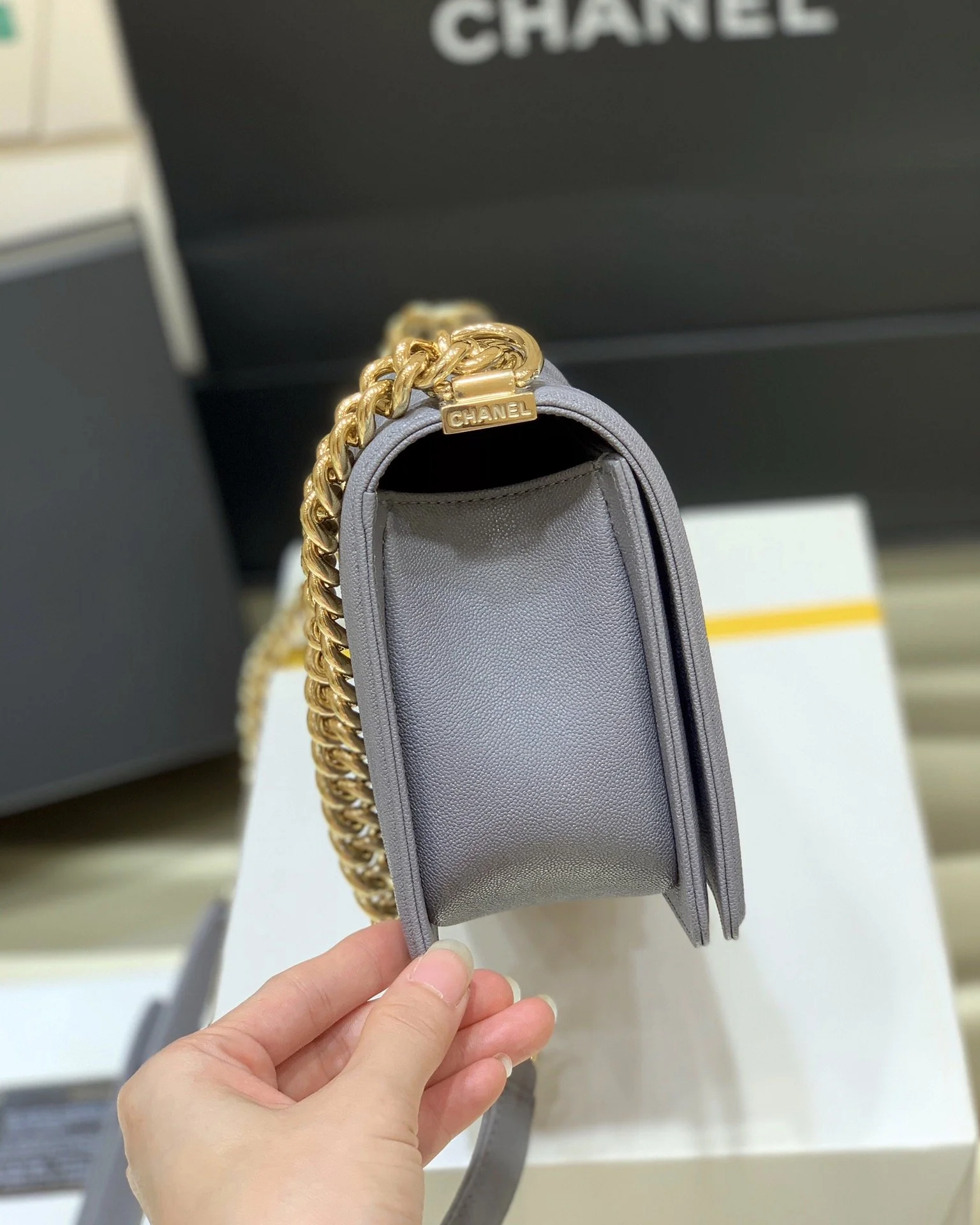 Chanel Boy Handbag Dark Grey Gold Toned Hardware For Women 9.8in/25cm