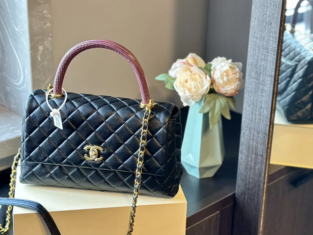 Caviar Lizard Embossed Quilted Small Coco Handle Flap