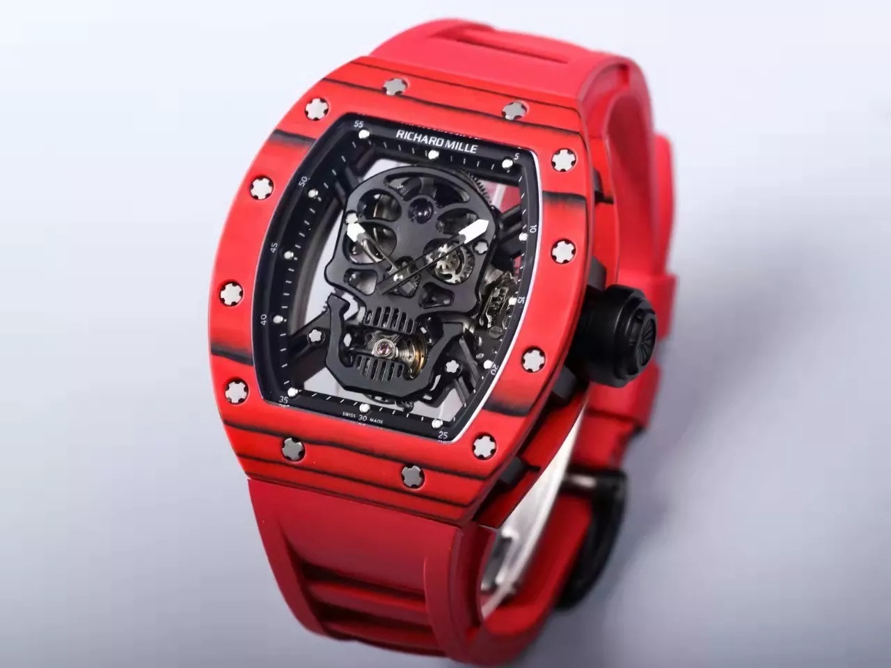 RM 52-01 Skull Black Dial Red Bezel Red Rubber Strap JB Tourbillon