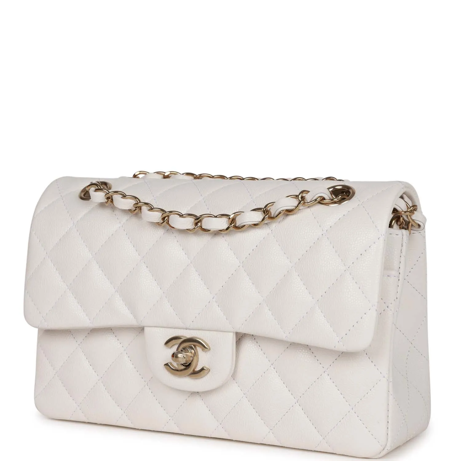 Small Classic Double Flap Bag White Caviar Light Gold Hardware