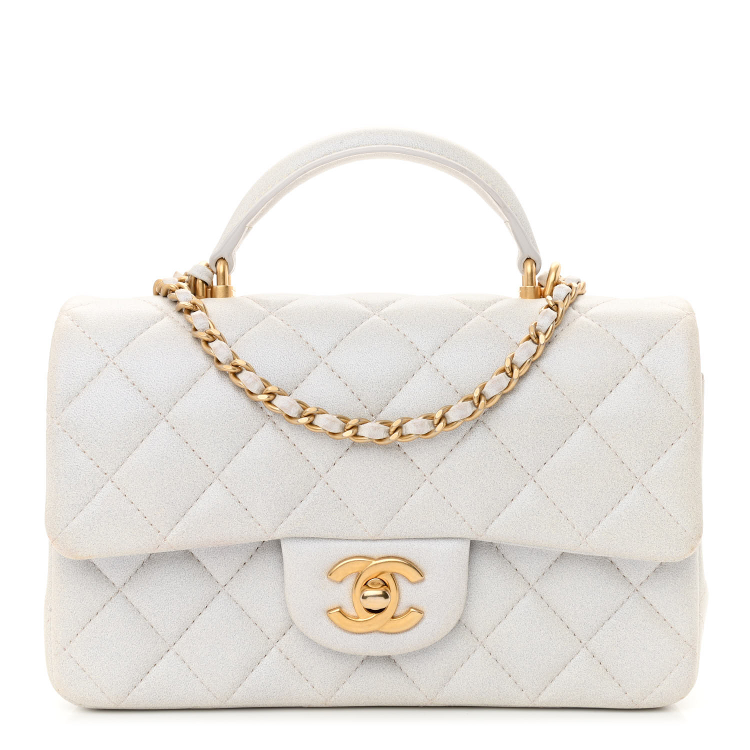 Iridescent Caviar Quilted Mini Top Handle Rectangular Flap White