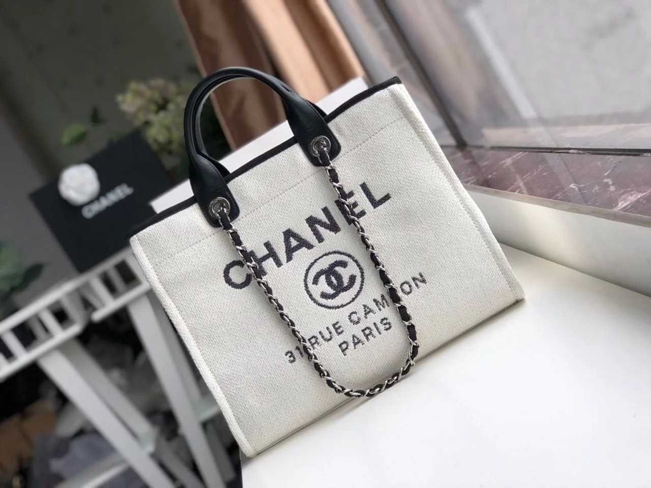 Chanel Small Shopping Bag Silver Hardware White For Women, Women’s Handbags, Shoulder Bags 15.2in/39cm AS3257