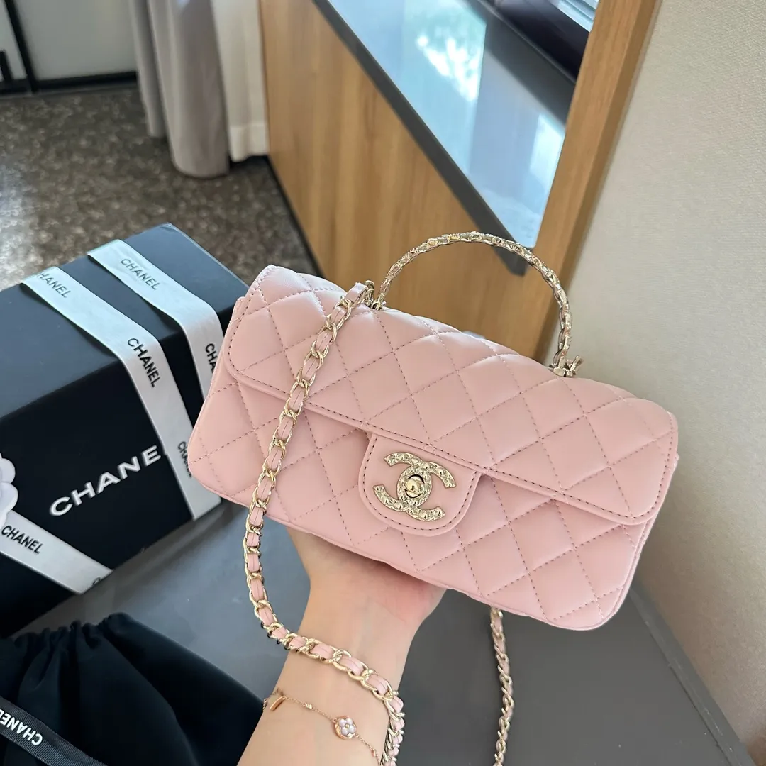 Lambskin Quilted Crystal Top Handle Rectangular Flap